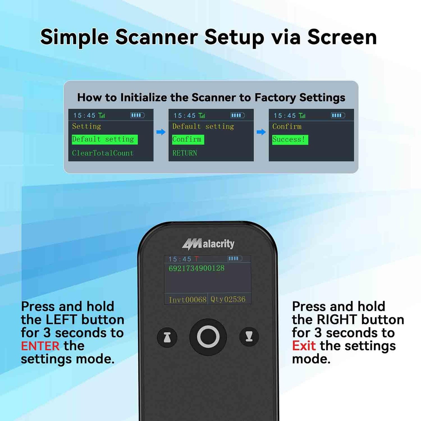 Alacrity Portable 1D 2D Wireless Barcode Scanner with LCD Display, Bluetooth 2.4 GHz Wiredess USB Wired 3 in 1, Lightweight Mini QR Code Readers for Computer, Tablet, Smartphone
