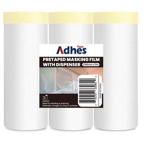 Adhes Pretaped Masking Film Refills, 3 Rolls 2700mm x 17m, Masking Film with Tape for Painting, Spraying & Surface Protection, Compact Paint Shield Refill Rolls for Dispenser Use