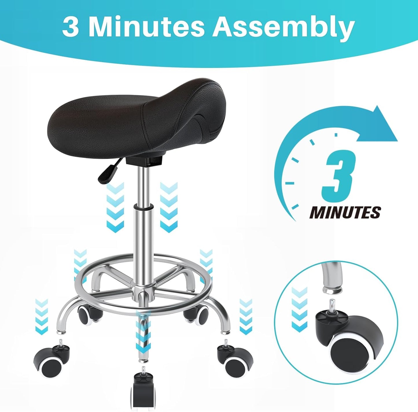YEEZEE Saddle Stool - Ergonomic Rolling Chair with Wide Thick Padding | Adjustable Height & Wheels (Dark Black)