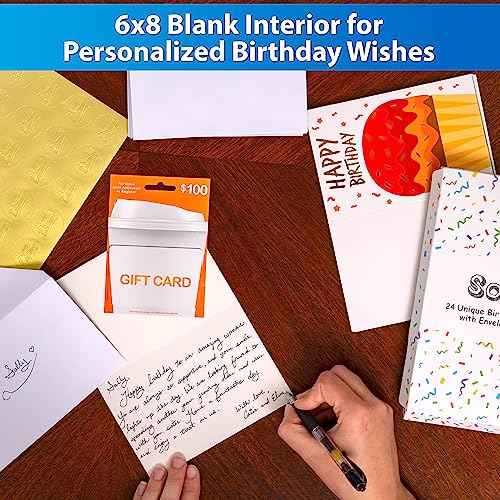 24 Pack Unique Gold Foil Birthday Cards with Envelopes & Stickers | 4x6 Inches Blank Happy Birthday Cards Assortment in Bulk for Family, Kids, Friends, Work & Office Celebrations.