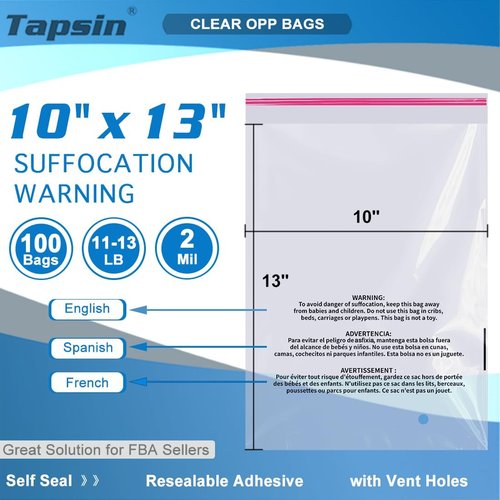 Clear Cellophane Bags - 10x13 Inch Resealable OPP Plastic Packaging for Clothing | 100 Count with Vent Holes