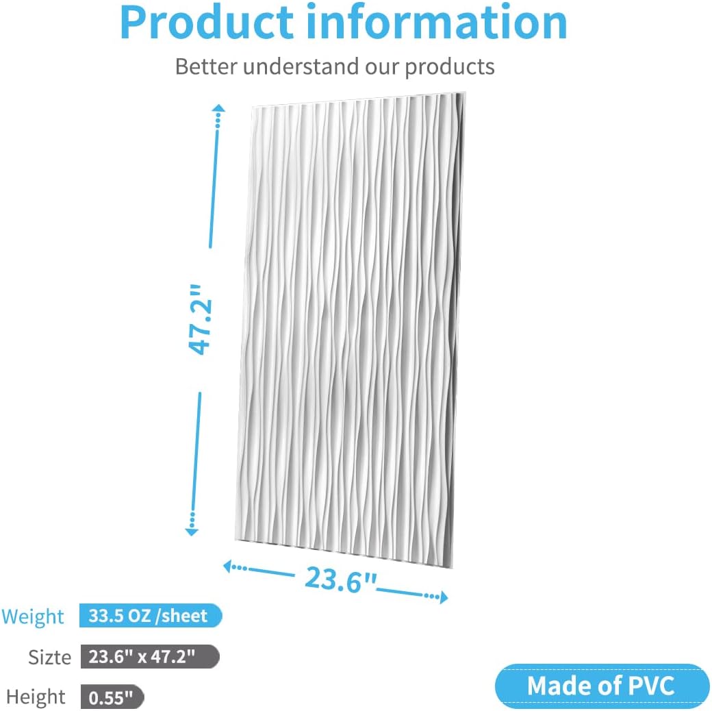 Art3d 3D Wall Panels - Large White PVC Textured Wavy Design for Stunning Interior Décor | Pack of 6 Tiles (47.2"×23.6")