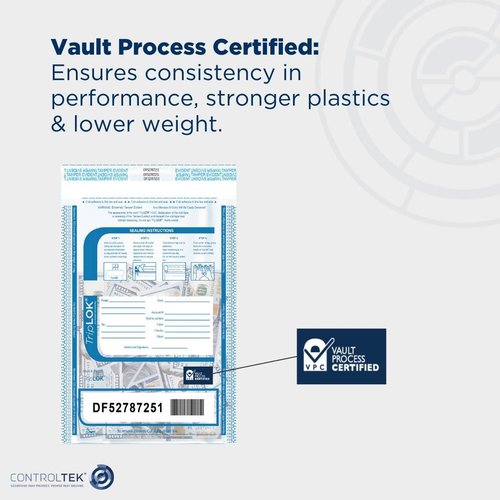 ControlTek TripLok 15" x 20", Clear, 50 Bags Tamper-Evident Deposit Bags for Cash Handling & Valuables, Moisture, Heat and Cold Sensitive Ink, Tear-off receipt + Large Barcodes 585048