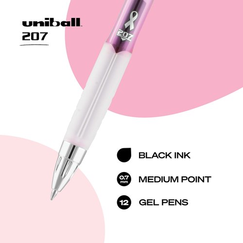 Uniball Signo 207 Pink Ribbon Gel Pen 12 Pack, 0.7mm Medium Black Pens, Gel Ink Pens & Uniball Signo 207 Gel Pens, 0.7mm Medium Blue, 12 Pack - Smooth Writing Office Supplies
