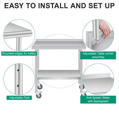 Stainless Steel Prep Table, 30 x 24 Inches, with Backsplash, Adjustable Undershelf and 4 Caster Wheels, Commercial Heavy Duty Table with Adjustable Under Shelf for Outdoor Use,Restaurants,Hotels,Works