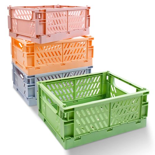Dotbengc Small Storage Crates, Plastic Folding Baskets, Foldable Storage Bins, Stackable Collapsible Crates for Desk Organizing, Pastel Cute Basket Containers for Bedroom Home Office Organizer, 4Pack