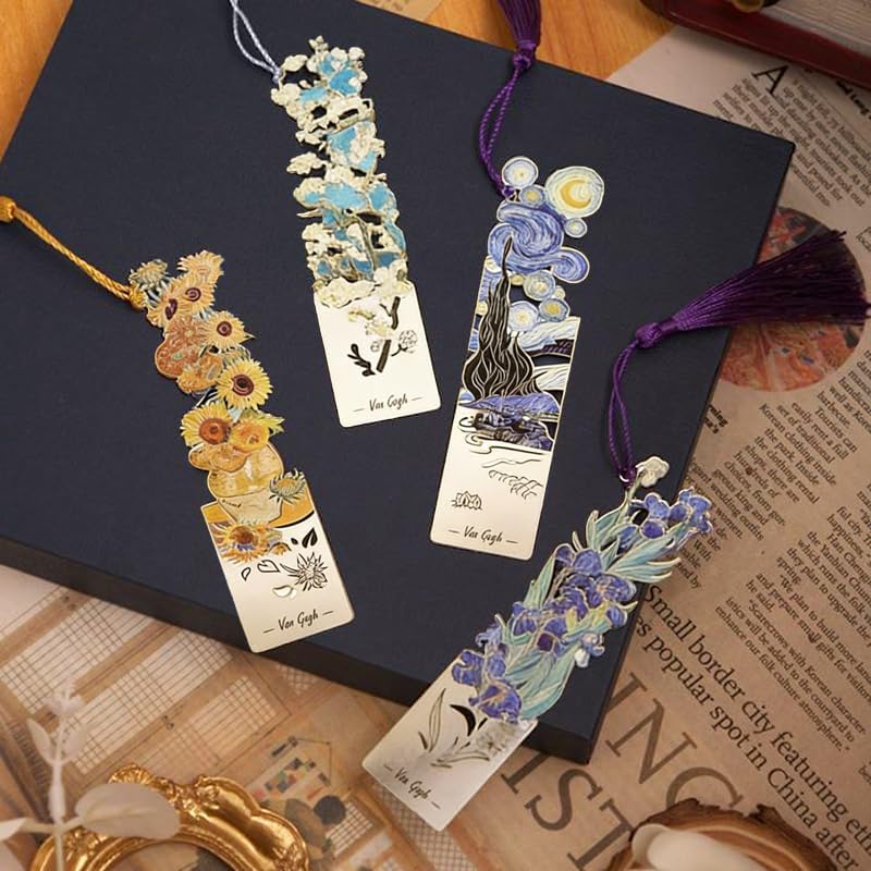 Van Gogh | 4 Pcs Metal Bookmarks with Tassel - Artistic Hollow Design for Book Lovers & Readers