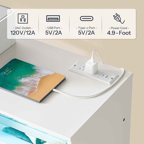 HOOBRO File Cabinet with Charging Station/LED Lights, Wooden Lateral Filing Cabinet on Wheels, Printer Stand with Open Storage for Home Office, A4, Letter, Legal Size Files, White WT85UDWJ01