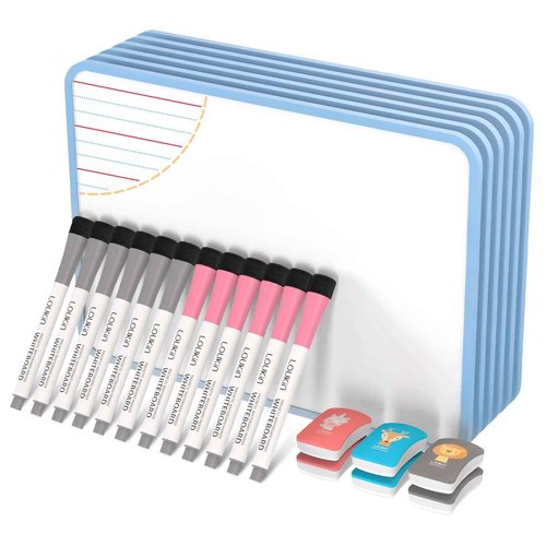 LOUKIN 6 Pack Small Dry Erase Lapboard, 9 x 12 Inch Double Sided (Ruled/Plain), Seamless Frame Mini Magnetic Lined Whiteboard Set, Great for Office (12 Markers&6 Erasers Included)