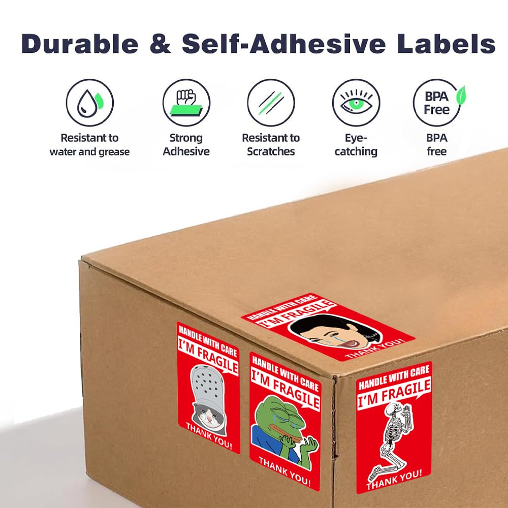 3x2 Inch Funny Fragile Stickers for Shipping - Cry Meme Design, 500 Strong Adhesive Labels, Handle with Care Stickers for Moving and Packaging (1 Roll)