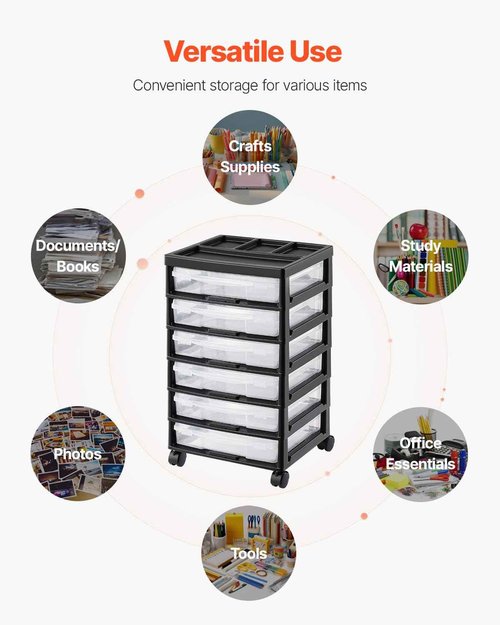 VEVOR Scrapbook Rolling Storage Cart, 6-Tier Large Capacity with Organizer Top, Black Frame with 6 Clear Cases and 4 Removable Wheels, Storage Organizer Rolling Cart for Arts and Crafts Supplies