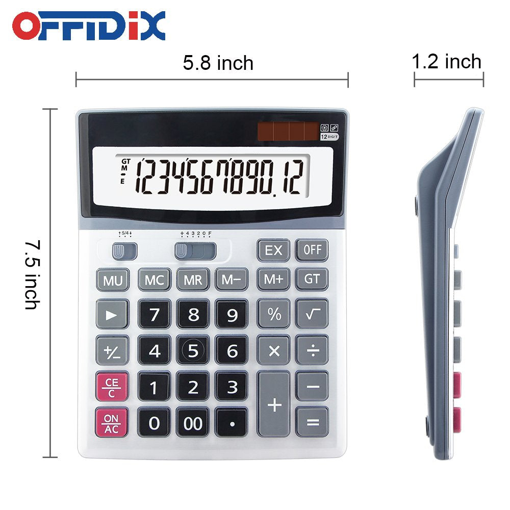 OFFIDIX Large Key Dual Power Electronic Calculator, Portable 12 Digit Large LCD Display Desk Calculator for Daily and Basic Office