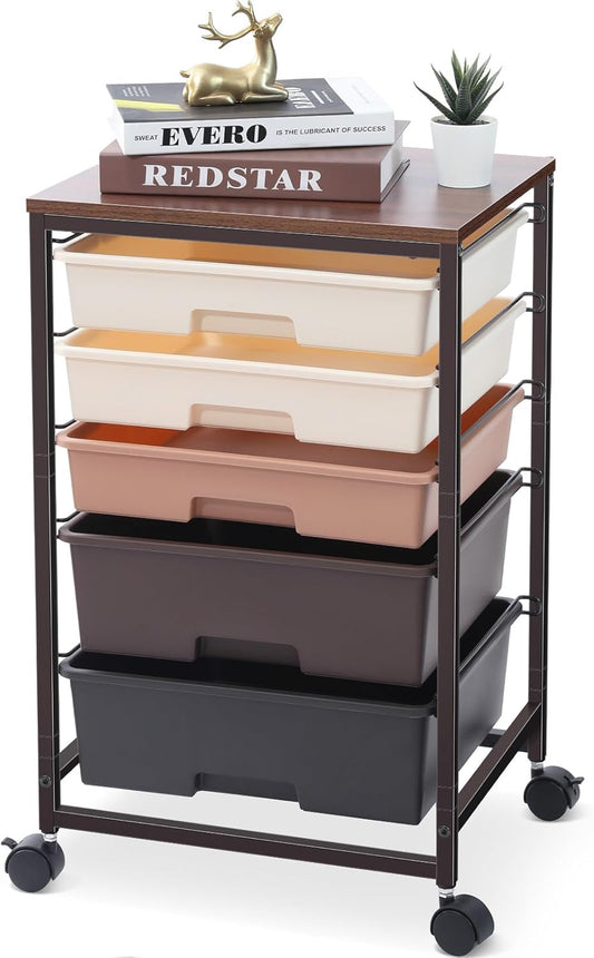 SYKIARIOL Utility Cart - 5-Tier Rolling Storage Cart with Lockable Wheels & Wooden Tabletop - Dark Brown