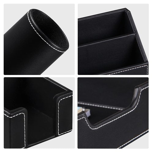 Office Desk Organizer and Workspace Accessories Storage Caddy for Men, Black Leather 6 PCS Set- Pencil Cup, Business Card Holder, Sticky Note Dispenser, Mail Sorter, Letter Tray, Magazine Holder