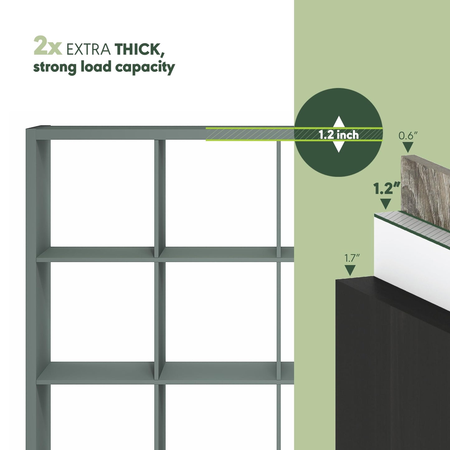 Furinno Cubicle Book Shelf, 16-Cube Bookshelf, Extra Thick Frame Reversible Bookcase with Open Back, 14.6" x 58" x 58", for Living Room, Bedroom, Home Office, Sage Green