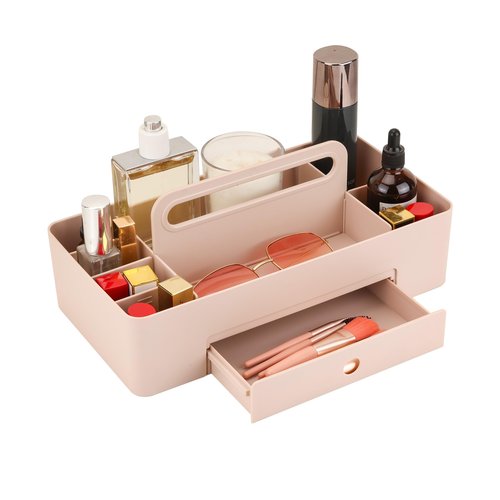 GYMDLN Multipurpose Caddy Organizer with Handle -8 Compartments and 1 small drawer - Art Craft Supplies, Office, Desk, Stationery Pen Holder, Makeup, Bathroom, Shower, Cleaning, Dorm Organizer - Pink