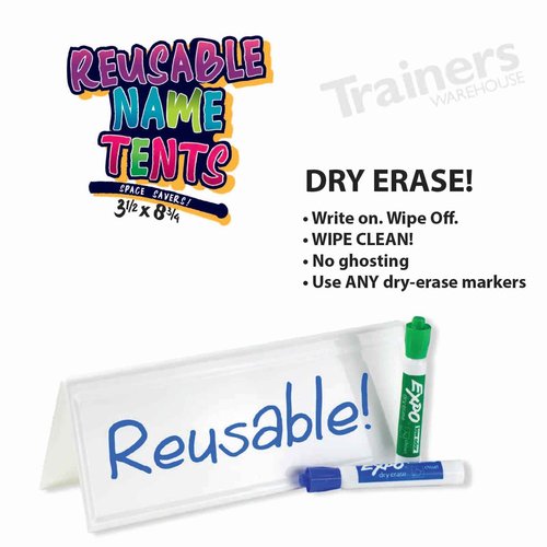 Trainers Warehouse Heavy Duty Premium Reusable Name Cards, White, Dry-Erase Tent, Space Saver, 8.75" x 3.5" (10)