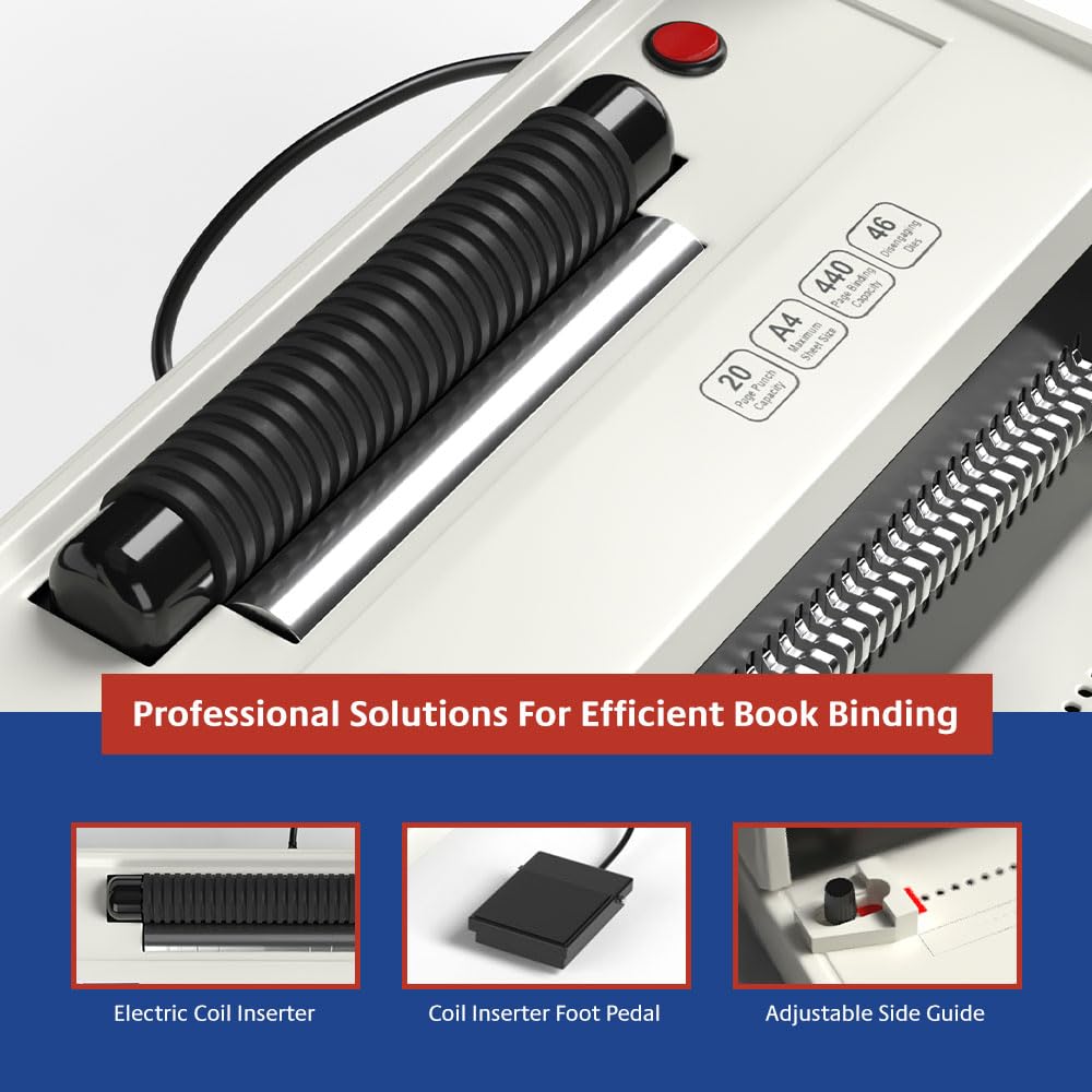 TruBind Coil Binding Machine with Electric Coil Inserter and Foot Pedal | 20 Sheet Punch Capacity | Bind up to 440 Sheets | 46 Fully Disengageable Dies | 4:1 Pitch | 2-Year Warranty