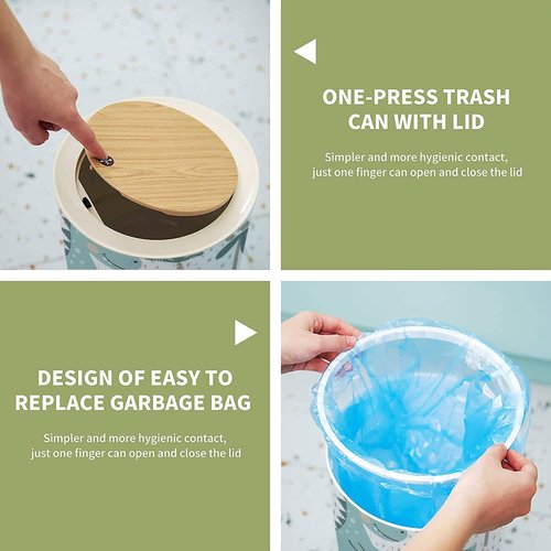 IBPNKFAZ89 Dinosaur Kids Small Cute Bathroom Trash Can with Lid, Kawaii Dog Child Proof Dino Palm Garbage Bin, Wood Waste Bin, Press Cover, Round Wastebasket, 8.66 x 14.3 inch