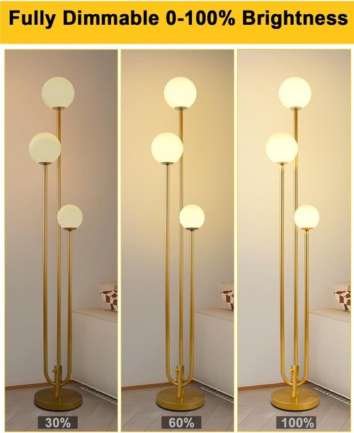 Lightdot 63-Inch Gold Floor Lamp - Dimmable 3-Light Globe LED Design | Soft Warm White for Living Room & Bedroom Decor