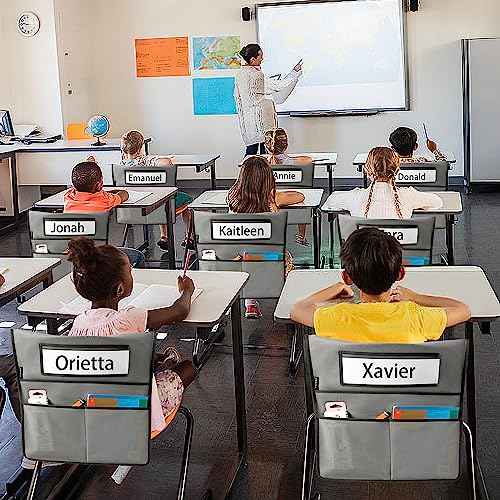 Chairback Buddy Pocket Chart Back of Chair Organizer for Classroom with Name Tag Pocket (GREY-12 PACK)