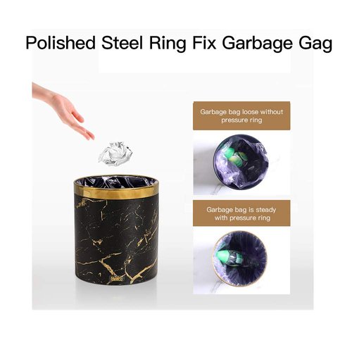 Huaqinglian Small Office Trash can Garbage can Metal Open top Wastebasket bin with Removable Gold Ring which for Hold Garbage Bag for Bathroom,Living Room,Bedroom Using (Black Gold Marble)