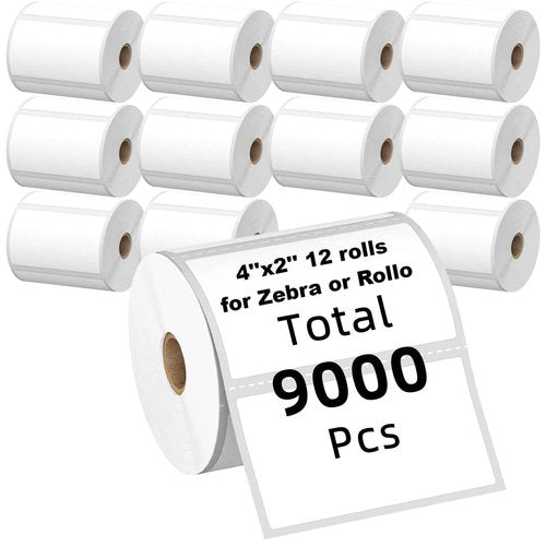 3-Proof 1" Core(9,000 Pcs/) Zebra Labels 4x2 Direct Thermal Labels -750/Roll - Perforated Stickers for Barcode Addresst, Compatible with Zebra & Rollo Desktop Printer.etiquetas térmicas directas