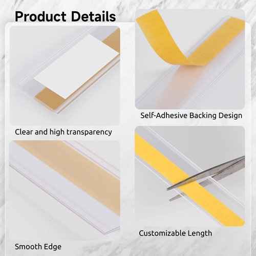 25 Pcs Shelf Label Strips, 47 x 1.25 Inches Self Adhesive Label Holders, Shelf Price Tag Holder, Clear Plastic Label Holders, Shelf Label Clips for Metal Wood Plastic Shelf