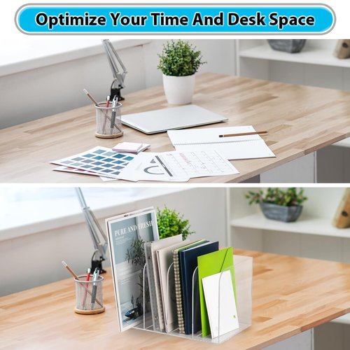 Jumyee Acrylic File Organizer, Clear Desk Organizer Workspace Sorters, Magazine Binder Holder with 4 Vertical Compartments Bookshelf for Desk Home Office