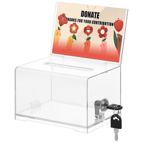KYODOLED Clear Donation Box for Fundraising with Lock & Sign Holder, Multi-Use Voting and Raffle Box, Tip Jar, Secure Storage, Size 6.2'' x 4.6'' x 4.0''