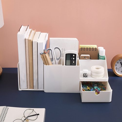 Shoccolt Desk Organizer with Drawer Large Capacity Bookends Stationary Supplies Bookshelf Accessories Pen Holder Caddy Makeup Storage Plastic Book Organizer (Large, Beige)