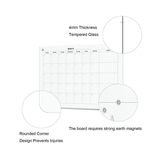 TOWON 36 x 24 Inches Tempered Glass Calendar Dry Erase Board for Wall, 3' x 2' Magnetic Whiteboard Calendar Planner for Office, Home, School Supplies, White