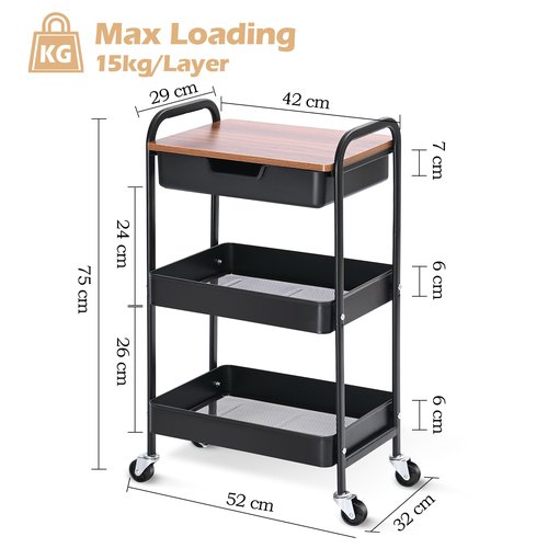 TOOLF 3-Tier Utility Rolling Cart with Wooden Board and Drawer, Metal Storage Cart with Handle, Black Trolley Kitchen Organizer Rolling Desk with Locking Wheels for Office, Classroom, Home, Bedroom