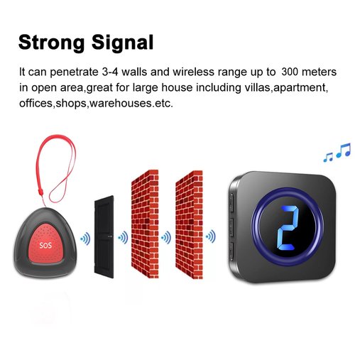 LIKEPAI Black Caregiver Pager Wireless Call Bell Personal Alarm Caregiver Call Button Life Alert System for Seniors Patients Home Elderly Help Assistance Pagers at 1,000ft Long Range 2 SOS Buttons
