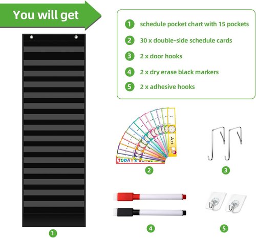 Regeleto Daily Schedule Pocket Chart - 15+1 Pockets with 30 Double-Sided Reusable Cards | Black