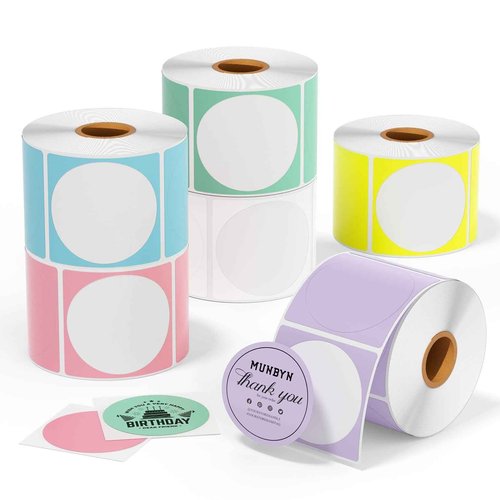 MUNBYN 2 Inch Circle Color Thermal Sticker Labels, Self-Adhesive Round Direct Thermal Labels, Multi-Purpose Roll Thermal Stickers for Business-4500 Labels/6 Rolls, 6 Colors