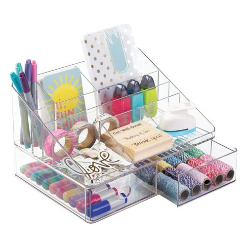 iDesign Linus Plastic Tiered Divided Desk Organizer with Drawers for Storage of Office and School Supplies, Makeup, Accessories on Vanity, Countertop, or Cabinet, 7.5" x 10" x 6.5" - Clear
