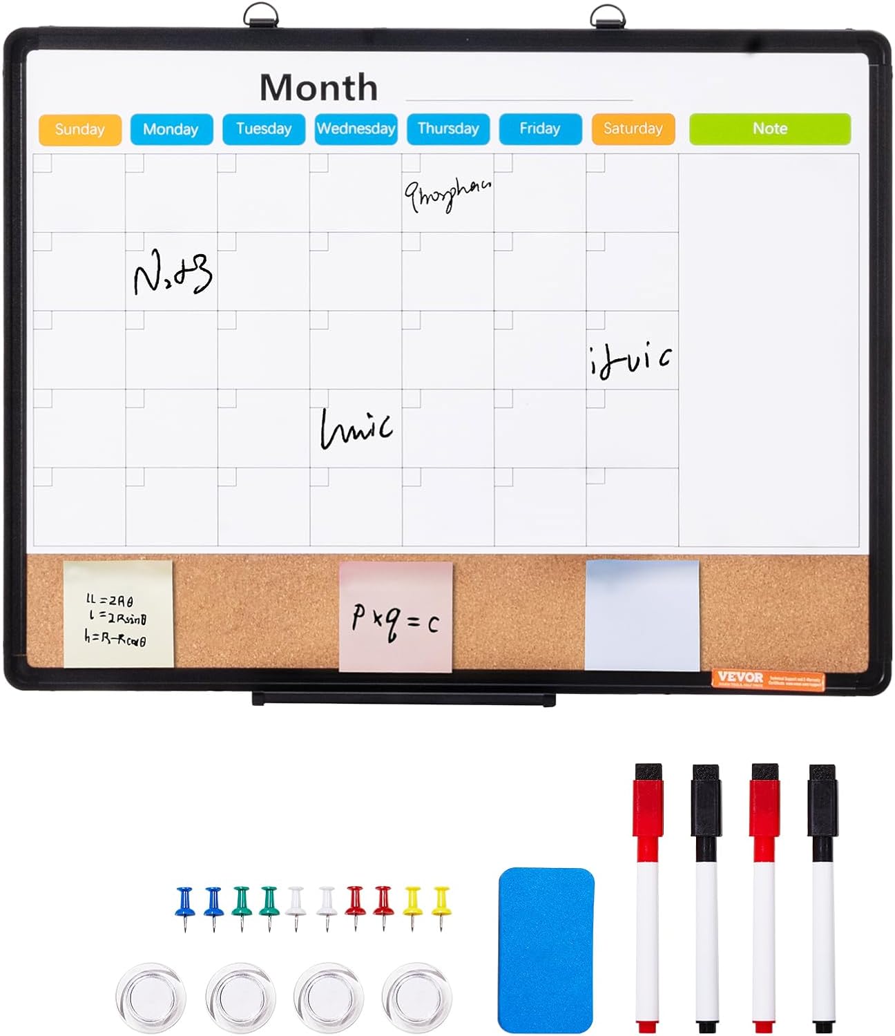 VEVOR Monthly Calendar Whiteboard & Cork Board Combo - 24"x18" Magnetic Dry Erase Bulletin Board for Home, Office, School