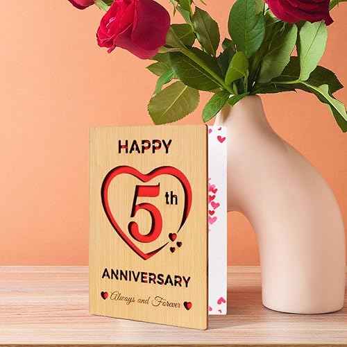 5 Year Marriage Anniversary Card Gifts for husband Wife, Wooden Happy 5th Anniversary Card for Her Him, Always and Forever Fifth Wood Wedding Cards for Men