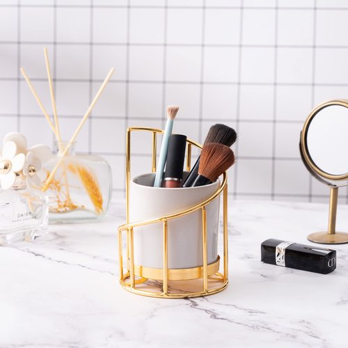 Engree White and Gold Pen Holder for Desk, Pencil Cup, Ceramic Pen Holder with Metal Frame, Makeup Brush Holder for Girls Women, Aesthetic Pencil Holder for Office Desk Accessories