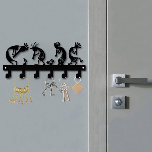 CREATCABIN Metal Key Holder Kokopelli Flute Music Black Wall Mounted Organizer Iron Rack Hanger Decorative 6 Hooks for Entryway Front Door Kitchen Garage Yoga Office,with Screws and Anchors 10.6inch