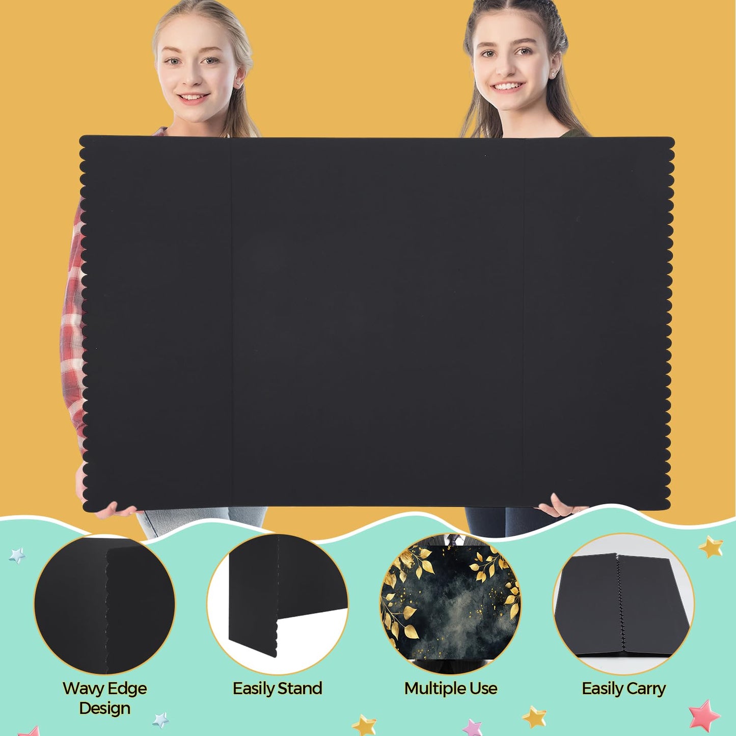 Mooliwe 4 Pack 48" X 36" Black White Trifold Poster Board, Large Tri Fold Boards Foldable Corrugated Presentation Display Scalloped Border for Science Fair, School Projects, Back to School Supplies