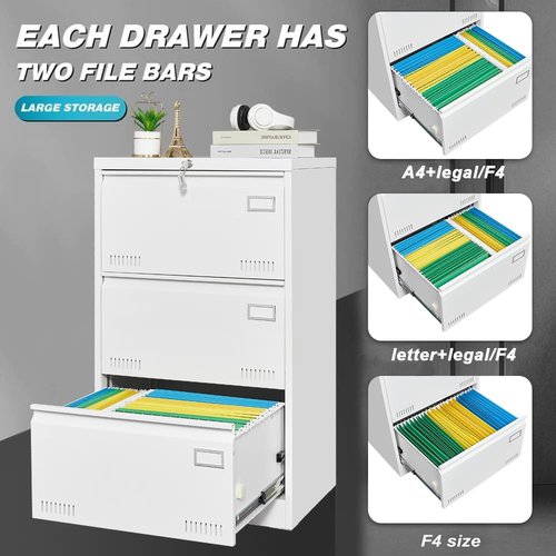 Jintop 3 Drawer Lateral File Cabinet with Lock and Card Holder, Multifunctional Metal Filing Cabinets w/Heavy 3 Section Slide Rail & Breathable Holes,for Legal/Letter/A4,White