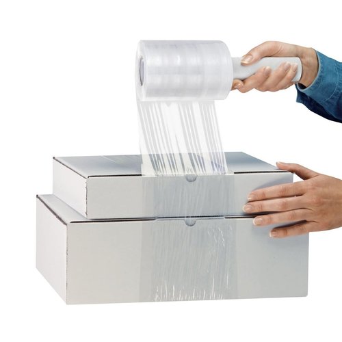 6 Pack Stretch Wrap Film with Handle, 80 Gauge Thick Industrial Strength Hand Stretch Wrap, 4" x 1000 Ft Plastic Pallet Shrink Film Heavy Duty Self-Adhering Plastic Wrap for Packing, Moving