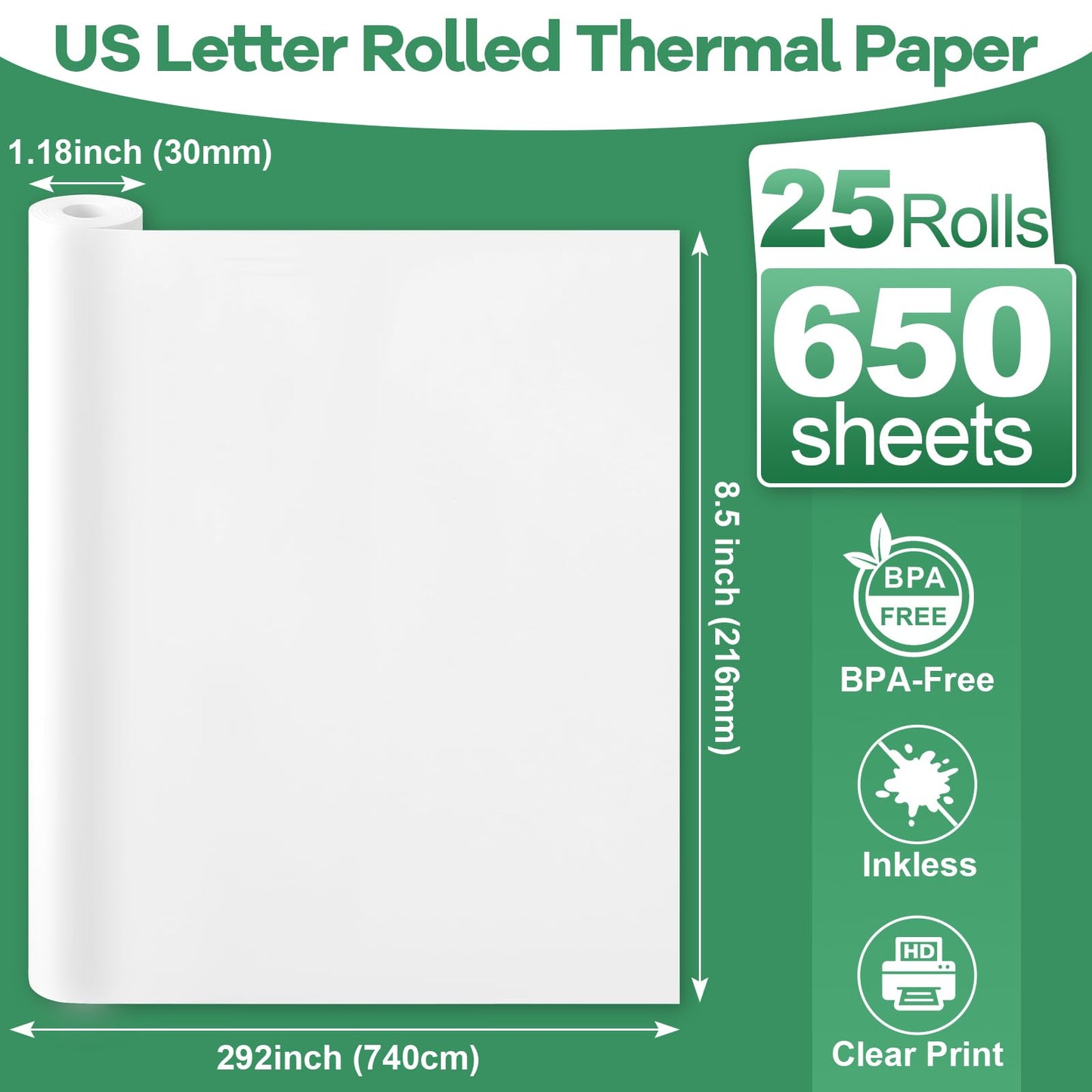 TUXIYA 25 Rolls Thermal Printer Paper 8.5"x11" US Letter Size, BPA free Quick-Dry Thermal Paper,Thermal Printing Paper Rolls Compatible Most Portable Printers(About 650 Sheets)