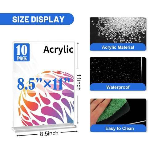 WAEFNO 10 Pack Acrylic Sign Stand 8.5 X 11, Vertical T-Shape Clear Plastic Display, Double-Sided Clear Table Top Sign Holder, Suitable for Office, Store