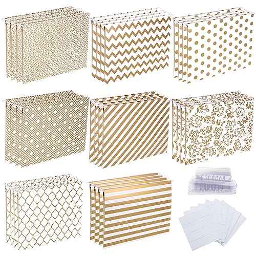 Estune 32 Pcs Decorative Hanging File Folders Letter Size Cabinet File Folders Organizers with 1/5 Cut Adjustable Tabs for Office Desk School Filing Cabinet Home(Gold Stripe)