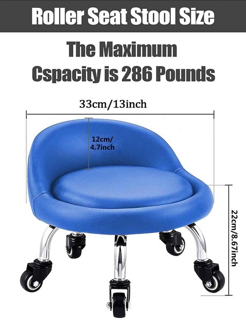 Lanstics Low Roller Seat Stool with Universal Swivel Wheels Leather Rolling Stool Seats with Cushion Backrest 360 Rolling Stools for Home Office Fitness (Blue)