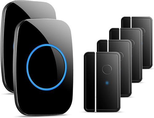 FullHouse Wireless Door Chime - 1000ft Range, 60 Chimes & 5 Volume Levels | Black, 4 Sensors + 2 Receivers
