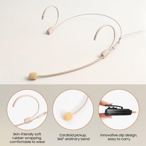 Wireless Headset Microphone, UHF Skin Tone Head Mic Speaker System, Beige Professional Voice Amplifier Microphones, with 164ft Range, Ideal for Teachers, Tour Guides, Fitness Coaches, Conferences